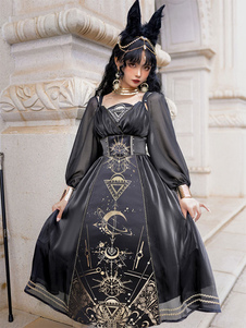Classical Lolita Dress Polyester Long Sleeves Lolita Dresses Black Gold