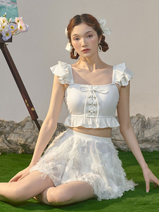 Sweet Lolita Outfits White Ruffles Lace Up Pantalones sin mangas Top
