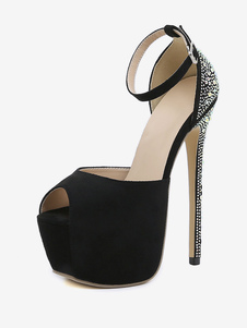Zapatos de tacón alto sexis para mujer, plataforma negra, diamantes de imitación, punta abierta, tacón de aguja, zapatos de tacón con parte superior de microgamuza