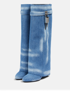 Women's Denim Boots Blue Metal Details Wide Calf Boots Knee-High Wedge Heel Boots