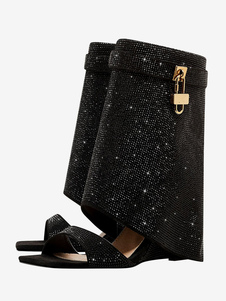 Botas de sandalia de pantorrilla ancha para mujer Sandalias de cuña con detalle de metal y punta cuadrada con diamantes de imitación verdes