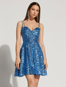 Blau und Pailletten bestickt A-Linie- Mini-Kleid Herz-Ausschnitt ärmellos