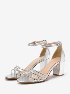 Sapatos de casamento prateados salto bloco bico aberto tira no tornozelo sapatos de noiva