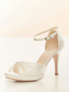 Zapatos de boda blancos Peep Toe Detalle de encaje Correa de tobillo Zapatos de novia