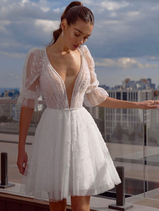 Короткие свадебные платья с V-образным вырезом и короткими рукавами A-Line Короткие свадебные платья