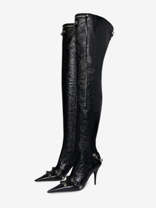 Over The Knee Boots Black Pointed Toe Metal Detail Thigh High Boots