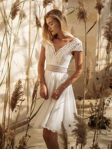 Short Wedding Dresses Knee-Length V-Neck Short Sleeves A-Line Lace Short Bridal Dress Free Customization