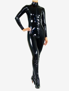 Faschingskostüm PVC Catsuit Body mit Front-Reißverschluss vom Hals bis zum Schritt in Schwarz Karneval 2023 Karneval Kostüm