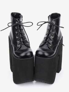 Lolitashow Schwarze Lolita-Stiefel mit Plateausohle und klobigem Absatz. Kurze Lolita-Stiefel