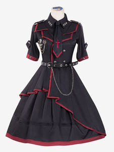Military Style Lolita OP Dress 3 Pieces Set Black Chains Rivets Gothic Lolita One Piece Dresses