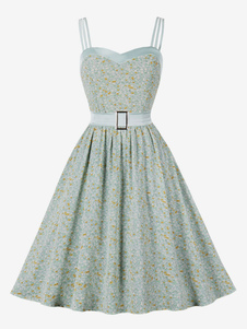 Vintage Kleid der 1950er Jahre Audrey Hepburn Stil hellgrün Blumendruck Frau ärmelloses Sweetheart Neck Swing Kleid
