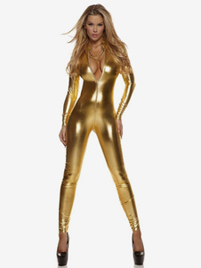 Golden Adults Bodysuit Sexy Shiny Metallic Catsuit for Women