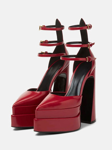 Sapato de plataforma feminino bico fino vermelho com fivela no tornozelo tira no tornozelo salto alto bloco