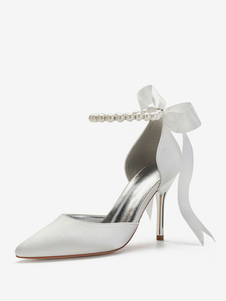 Zapatos de novia blanco satinado dedo del pie acentuado perlas arco trasero del tacón de aguja del tobillo del partido
