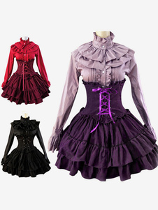 Lolitashow Gothic Lolita Dress SK Lavender High Waist Lace Up Ruffles Lolita Skirt