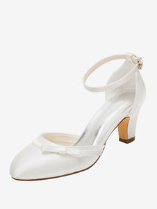 Ivory Wedding Shoes High Heel Round Ankle Strap Bow Bridal Shoes