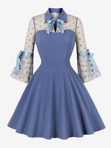 Vestido retro 1950s Audrey Hepburn Style Blue Two-Tone Woman's Long Sleeves Rockabilly Dress