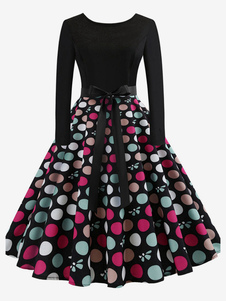 Vintage Kleider mit Cartoon-Figur 50er jahre mode Grün gemischten Baumwollen Rockabilly kleid Langarm Kleider und Rundkragen
