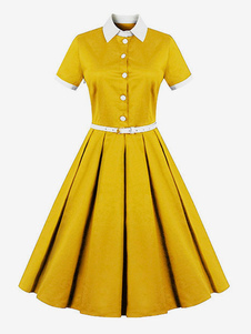 Vintage Kleider Gelb mit Falten 50er jahre mode Rockabilly kleid Kurzarm Kleider und Bateau-Kragen gemischten Baumwollen im Retro-Style Damenmode
