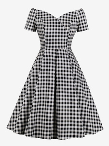 Vintage Kleider Schwarz mit Plaidmuster 50er jahre mode und Reißverschluss Kurzarm V-Ausschnitt Baumwolle im Retro-Style