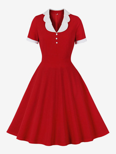 Retro Dress 1950s Audrey Hepburn Style Red Two-Tone Women Short Sleeves Rockabilly Dress