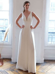 White Simple Wedding Jumpsuit Stretch Crepe V-Neck Sleeveless A-Line Bridal Jumpsuits Free Customization