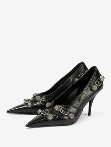 Женские туфли на высоком каблуке Черный острый носок Туфли на шпильке с металлическими деталями Туфли-лодочки Винтажные каблуки
