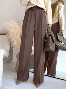 Pantalones Pantalón de cintura alta de poliéster marrón café
