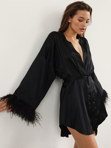 Gowns & Robes Black Feathers Silk-like Lingerie Night Gown