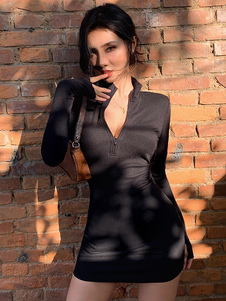 Vestido de fiesta de cumpleaños para mujer Vestido negro de manga larga con cuello en V Vestido ajustado semiformal corto