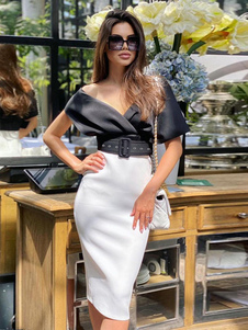 Vestidos ajustados Dos tonos Escote en V Plisado en capas Retro Sin mangas Vestido de tubo negro