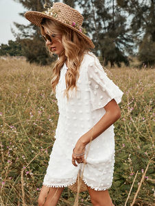 Summer Dress V-Neck White Knee Length Beach Dress