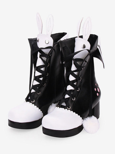 Klassische Lolita-Stiefel Häschenohr Zweifarbige PU-Schuhe mit klobigem Absatz