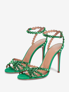 Босоножки на высоком каблуке Зеленые открытые носки со стразами Ремешок на щиколотке Туфли на шпильках Пром обувь для вечеринок
