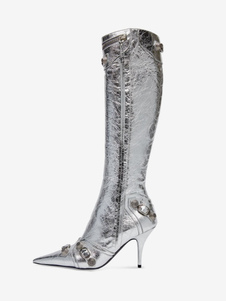Женские сапоги до колена, пикантные однотонные винтажные сапоги с острым носком из яркой кожи на шпильках и узком каблуке с металлической пряжкой