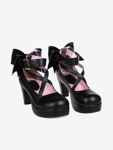 PU preto fosco Lolita Praça de sapatos de salto alto salto alto tornozelo alças arcos redondos do dedo do pé