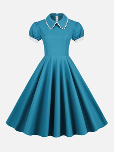 Vintage Kleid der 1950er Jahre Audrey Hepburn Stil Teal Frau kurze Ärmel Umlegekragen Swing Kleid