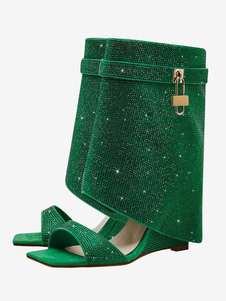 Botas de sandalia de pantorrilla ancha para mujer Sandalias de cuña con detalle de metal y punta cuadrada con diamantes de imitación verdes