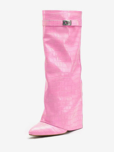 Women Wide Calf Boots Croc Pattern Heeled Mental Details Straight Shaft Knee High Boots