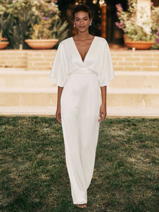 Mono de Novia Blanco Simple Crepé Elástico Cuello en V Con Mangas Medias Línea A Vestidos Formales