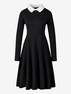 Frauen Vintage Kleid der 1950er Jahre Audrey Hepburn Stil Umlegekragen mit langen Ärmeln Rockabilly Kleid