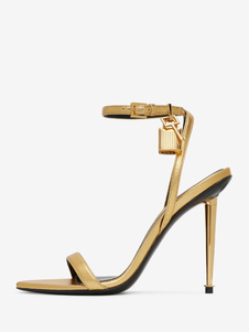 Sandalias de tacón de aguja con correa en el tobillo para mujer Zapatos de fiesta dorados con candado