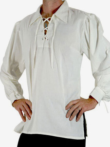 White Vintage Shirt Lace Up Aristocrat Style Cotton Retro Costumes For Man Halloween