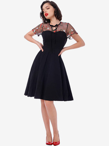 1950er Jahre Audrey Hepburn Stil Retro-Kleid Schwarzes Blumenmuster mit ausgeschnittenen kurzen Ärmeln Jewel Neck Swing Dress