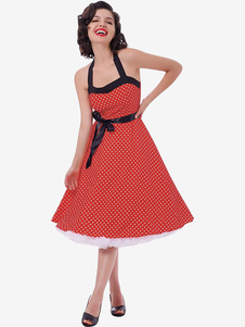 Vintage Kleider mit Polka-Tupfen Hellschiefergrau und Schnüren Rockabilly kleid Baumwolle Kleider ärmellos und Halter und rückenfreiem Design