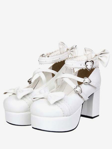 Lolitashow White Chunky Square Heels Lolita Shoes Platform Ankle Strap Heart Shape Buckles Bows