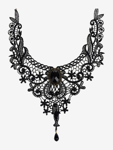 Gothic Lolita collar negro de encaje de corte corazón y Collar de gargantilla Lolita flor