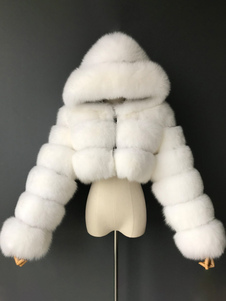 Abrigos de piel sintética blancos para mujer, mangas largas, con capucha, forro de poliéster lila, abrigo corto de invierno