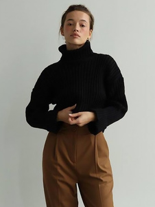 Polo Neck Sweater Drop Shoulder Solid Color Sweaters For Women