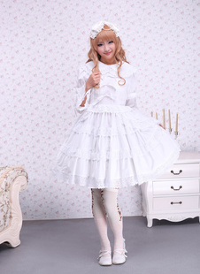 Lolita branco puro uma peça vestido mangas compridas em camadas Lace Trim